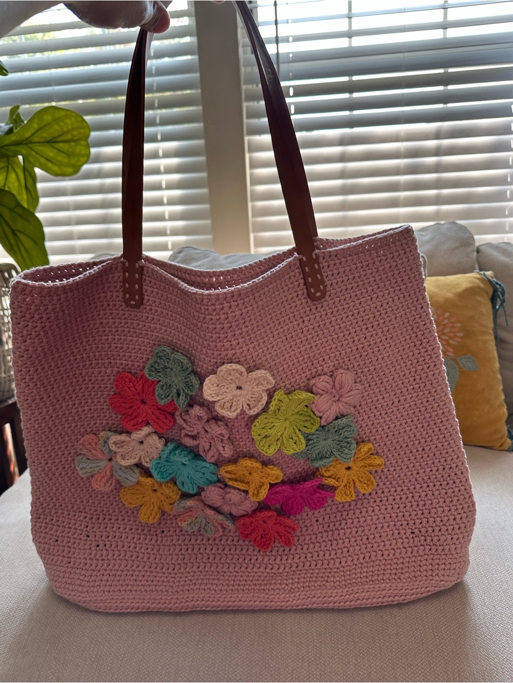 Handmade Pink Crochet Tote with Multicolor Floral Appliqué and Brown Handles